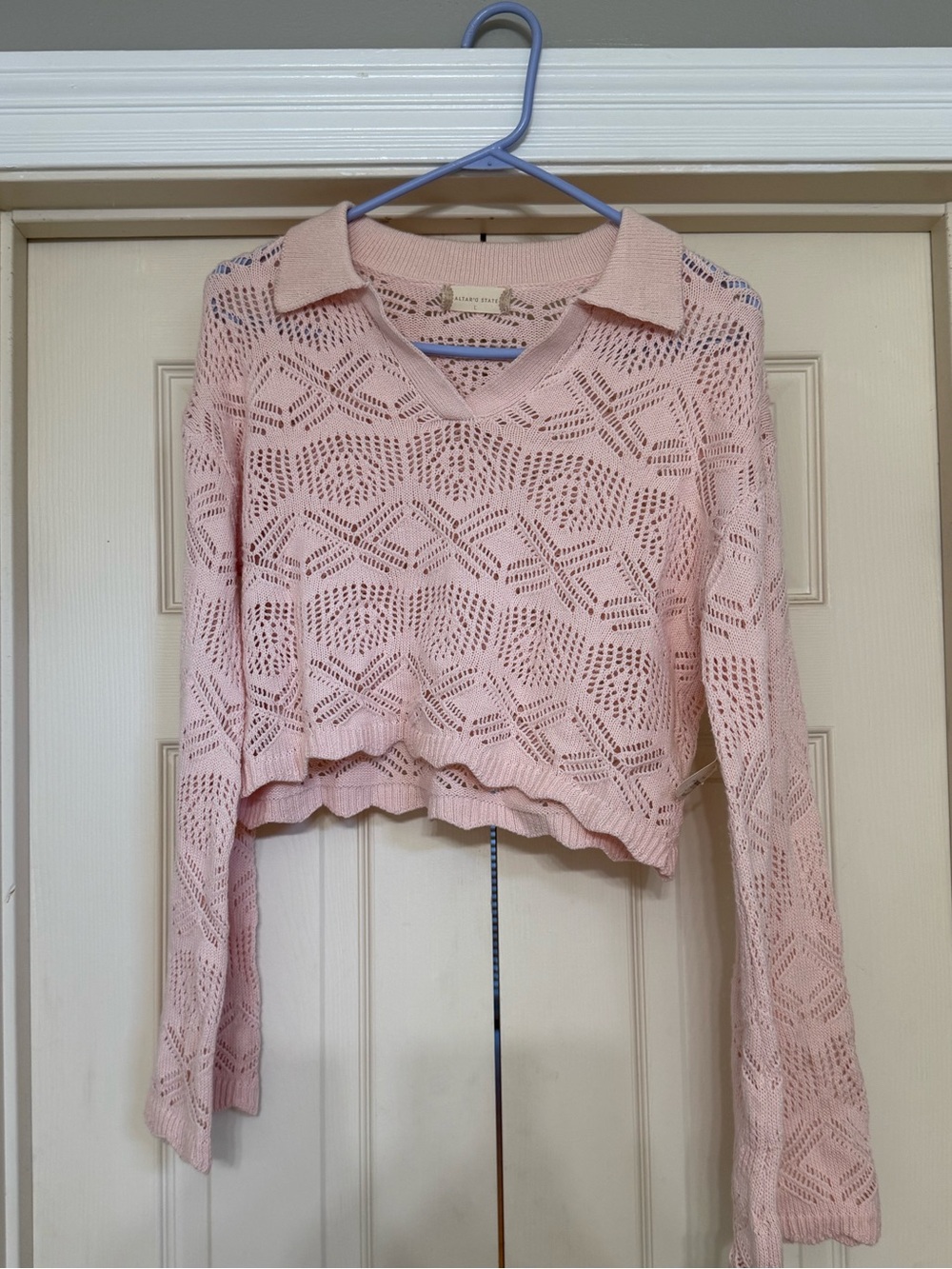 Altar'd State Pale Pink Openwork Knit V-Neck Sweater
